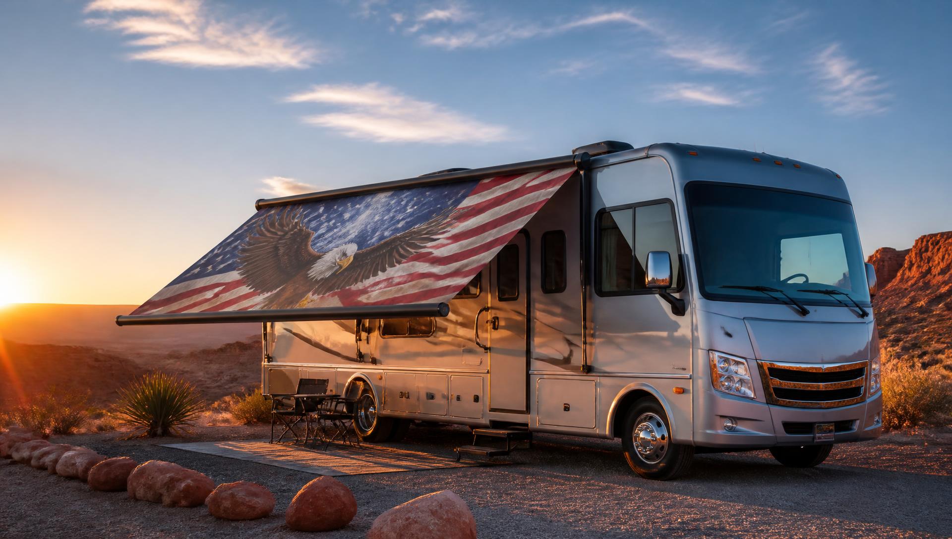 Custom printed RV awning with patriotic eagle and flag graphic overlooking a mountain lake